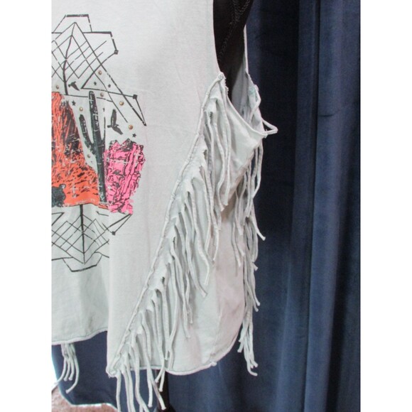 Tank Top Rock & Roll Denim Ladies Desert Mountain Fringe Turq Cacti Large Used - Picture 4 of 5